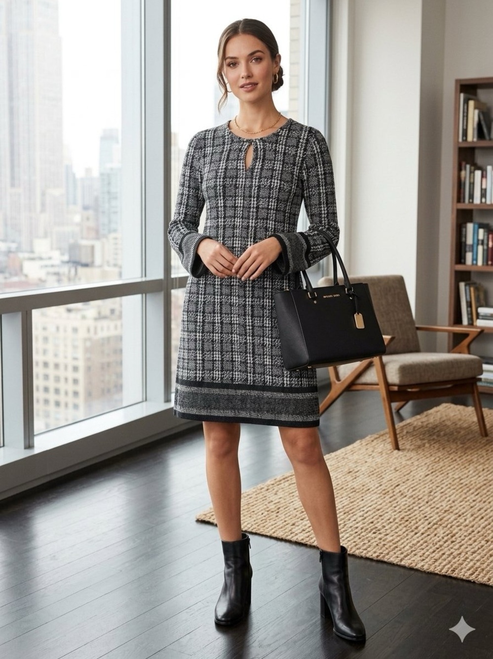 MICHAEL Michael Kors Black and Gray Plaid Long-Sleeve Knit Dress Sz M NWOT
